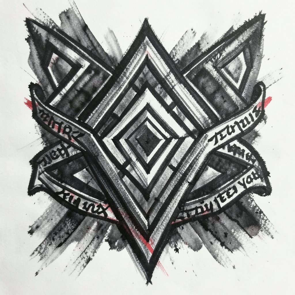 A bold charcoal drawing of a Sak Yant chest panel with layered diamond yantra patterns and flowing script bands, using dense black strokes and subtle grey wash.